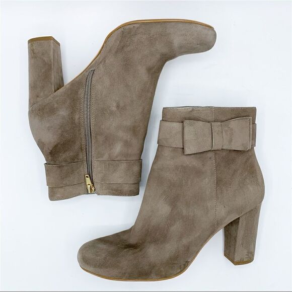 KATE SPADE New York Taupe Suede Ankle Boot w/Chunky Heel and Suede Bow at Ankle - Picture 6 of 15